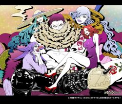  1boy 4girls aqua_eyes aqua_hair arm_tattoo artist_name bare_arms bare_legs bare_pectorals bare_shoulders belt belt_buckle biliken black_gloves brother_and_sister buckle charlotte_amande charlotte_brulee charlotte_galette charlotte_katakuri charlotte_smoothie chest_tattoo cigarette colored_skin commentary_request couch covered_mouth crossed_arms crossed_legs curly_hair doughnut dress earrings flower_tattoo food gloves hair_over_one_eye hand_on_another&#039;s_shoulder hand_on_own_hip hands_up harem hat head_rest head_tilt high_heels highres hoop_earrings jewelry leather leather_pants leg_tattoo letterboxed light_purple_hair lips long_dress long_hair long_nose looking_at_another looking_at_viewer mouth_hold multiple_girls no_shirt on_couch one_piece open_clothes open_mouth open_vest pants parted_lips pectorals pink_eyes purple_eyes purple_hair purple_legwear purple_lips red_footwear red_hair red_lips scar scarf short_dress short_hair siblings signature sisters sitting sitting_on_lap sitting_on_person size_difference skull sleeveless sleeveless_dress smile smoking sparkle_background spikes spread_legs straight sun_hat tattoo tsurime very_long_hair very_short_hair vest weapon weapon_on_back white_skin yellow_eyes 