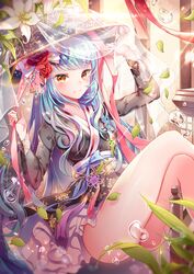  bad_id bad_pixiv_id blue_hair blurry blush breasts bubble closed_mouth commentary_request crossed_legs depth_of_field female flower hair_flower hair_ornament hanbok holding holding_ribbon korean_clothes long_hair looking_at_viewer medium_breasts original pink_ribbon plant red_flower ribbon sash sitting smile solo thighs tobi_(mue86) veil very_long_hair yellow_eyes 