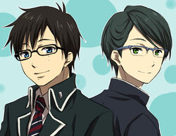  2boys ao_no_exorcist back-to-back blue_eyes commentary_request crossover fukuyama_jun glasses green_eyes hyouka multiple_boys necktie okumura_yukio portrait rito453 school_uniform short_hair tanabe_jirou voice_actor_connection 