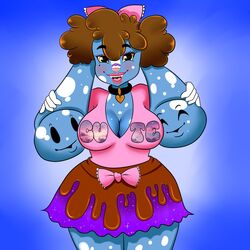  1:1 2017 big_breasts blue_body blue_skin blush bottomwear breasts brown_hair cleavage clothed clothing fangs female geeflakes_(character) hair heart_eyes heart_symbol hi_res jewelry lagomorph leporid lips looking_at_viewer makeup mammal monster necklace pink_lips pink_nose rabbit shirt short_hair skirt smile solo spots teeth thecurvygeek tongue topwear white_body white_skin yellow_eyes 