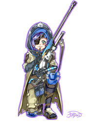  absurdres ana_(overwatch) ana_(overwatch)_(cosplay) commentary_request cosplay eyepatch facial_tattoo finger_to_mouth gun highres hood jindai3663 love_live! love_live!_school_idol_project on_one_knee overwatch overwatch_1 purple_hair rifle sniper_rifle tattoo tojo_nozomi weapon 