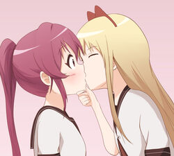  2girls blonde_hair bow closed_eyes commentary_request hairbow kissing long_hair multiple_girls nanamori_school_uniform ponytail purple_eyes purple_hair school_uniform serafuku shizupu sugiura_ayano surprise_kiss surprised toshinou_kyouko yuri yuru_yuri 