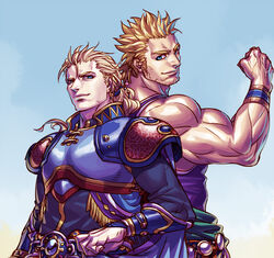  2boys armor blonde_hair blue_eyes brothers earrings edgar_roni_figaro final_fantasy final_fantasy_vi jewelry kagelow long_hair male male_focus mash_rene_figaro multiple_boys muscle ponytail siblings 