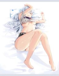  arm_on_own_head ass bare_legs barefoot bed bed_sheet belt blush breasts camouflage cherim clothing_cutout commentary covered_nipples female g11_(girls&#039;_frontline) girls&#039;_frontline hair_between_eyes highres knees_together_feet_apart knees_up long_hair lying medium_breasts navel no_bra on_back open_mouth pillow scarf shirt shirt_rolled_up shorts shoulder_cutout skindentation smile solo stomach sweat thighs underboob very_long_hair white_hair 