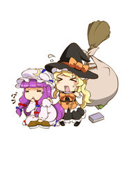  &gt;_&lt; 2girls :&lt; =_= bag blonde_hair blood book broom chibi closed_eyes commentary_request dress hat highres kirisame_marisa long_hair miyabi_(miura105) multiple_girls patchouli_knowledge purple_hair sack touhou white_background 