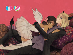  1boy angel_wings axis_powers_hetalia bare_shoulders black_gloves black_hair blonde_hair blue_eyes commentary_request dark_skin demon_tail dress facial_hair female flower france_(hetalia) french_flag gloves hair_flower hair_ornament heart horns hug interracial kunie_(seppa) mini_wings seychelles_(hetalia) seychellois_flag short_hair skirt smile straight stubble tail thighhighs white_dress white_legwear wings 