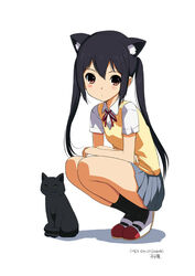  animal_ears artist_name bad_id bad_twitter_id black_cat black_hair black_legwear blush cat_ears dated dress_shirt feline female full_body inactive_account jpeg_artifacts k-on! kiya_shii long_hair nakano_azusa ribbon sakuragaoka_high_school_uniform school_uniform shirt shoes simple_background skirt socks squatting sweater_vest twintails uwabaki white_background 