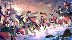  5girls absurdres aqua_eyes azur_lane bismarck_(azur_lane) black_footwear black_garter_straps black_gloves black_hair black_pantyhose black_thighhighs blonde_hair blue_eyes boots breasts canata_katana cleavage commentary_request crossed_legs deutschland_(azur_lane) flag fur_trim garter_straps gloves goggles goggles_on_headwear graf_zeppelin_(azur_lane) grey_hair grin hair_ornament hat highres imperial_war_flag long_hair long_sleeves looking_at_viewer machinery md5_mismatch medium_breasts military military_uniform mole mole_on_breast multicolored_hair multiple_girls pantyhose pencil_skirt pink_eyes prinz_eugen_(azur_lane) red_gloves red_hair resolution_mismatch sideboob signature sitting skirt sleeves_past_wrists smile source_smaller standing standing_on_liquid streaked_hair thighhighs tirpitz_(azur_lane) turret two_side_up uniform white_gloves yellow_eyes 