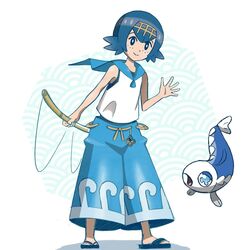  baggy_pants blue_eyes blue_hair blue_sailor_collar capri_pants commentary_request crop_top female fishing_rod flip-flops full_body gradient_ray hairband lana_(pokemon) open_hand pants pokemon pokemon_(creature) pokemon_sm ribbon-trimmed_pants ribbon_trim sailor_bikini sailor_collar sandals shirt short_hair sleeveless sleeveless_shirt smile standing swimsuit swimsuit_under_clothes waving wishiwashi wishiwashi_(solo) 