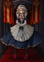  aoi_kujira apron banner between_fingers black_pantyhose blue_dress braid commentary dress elbow_gloves expressionless female full_body gloves grey_hair hair_between_eyes hair_ribbon highres holding indoors izayoi_sakuya knife light_particles loafers looking_at_viewer maid_headdress medium_hair neck_ribbon pantyhose puffy_short_sleeves puffy_sleeves red_carpet red_eyes red_footwear red_ribbon ribbon shoes short_sleeves solo standing tile_floor tiles touhou tress_ribbon twin_braids underbust vaulted_ceiling waist_apron white_gloves wing_collar 