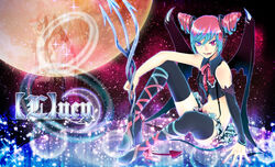  aqua_hair blue_eyes bracelet commentary_request copyright_name demon_wings detached_sleeves female full_moon hatsune_miku heterochromia high_heels jewelry midriff momopanda moon navel photoshop_(medium) pink_hair red_eyes shoes sitting solo suspenders thighhighs tongue vocaloid wings 