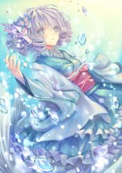  bad_id bad_pixiv_id blue_eyes blue_hair commentary_request drill_hair female fins flower green_kimono hair_flower hair_ornament head_fins highres japanese_clothes kimono long_sleeves mermaid monster_girl obi sash short_hair solo touhou underwater wakasagihime wide_sleeves yorica 