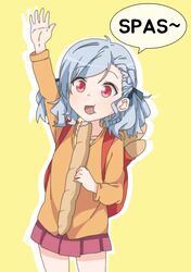  aged_down arm_up bad_id bad_pixiv_id bag blue_eyes blue_hair blue_ribbon bread casual commentary cowboy_shot eating female food girls&#039;_frontline hair_ribbon holding holding_food light_blue_hair long_sleeves medium_hair non_non_biyori nyanpassu~ open_mouth orange_sweater parody pink_skirt pleated_skirt red_bag red_eyes ribbon sidarim simple_background skirt solo spas-12_(girls&#039;_frontline) speech_bubble sweater yellow_background 