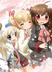  3girls blonde_hair blue_eyes blush bow brown_hair cape closed_eyes commentary_request hat kamikita_komari little_busters! little_busters!_school_uniform long_hair multiple_girls natsume_rin noumi_kudryavka pink_bow plaid plaid_skirt red_eyes school_uniform short_hair skirt soutsuki_naru 