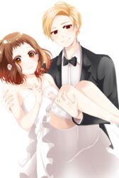  1boy absurdres aida_miou bare_shoulders black_neckwear blonde_hair brown_eyes brown_hair carrying collarbone commentary_request dress feet_out_of_frame female formal fu_ella highres honeyworks itsudatte_bokura_no_koi_wa_10_centi_datta jewelry kokuhaku_jikkou_iinkai looking_at_viewer medium_hair princess_carry red_eyes ring serizawa_haruki smile straight suit thigh_strap wedding wedding_dress white_dress 