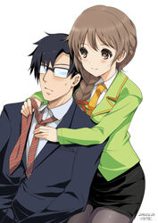  1boy adjusting_clothes adjusting_necktie artist_name bad_id bad_twitter_id black_hair black_legwear blazer blush bow braid breast_press brown_eyes brown_hair dated dressing_another female formal glasses hairbow idolmaster idolmaster_cinderella_girls inactive_account jacket jpeg_artifacts kiya_shii long_hair necktie opaque_glasses pantyhose pencil_skirt producer_(idolmaster) producer_(idolmaster_anime) senkawa_chihiro simple_background skirt skirt_suit smile suit sweatdrop white_background 