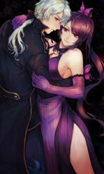  1boy bare_shoulders black_hair breasts commentary dress elbow_gloves female flower gijang gloves hair_ornament jewelry large_breasts long_dress long_hair looking_at_viewer michele_malebranche nein_(album) noel_(sound_horizon) ponytail purple_dress purple_eyes red_eyes sideboob smile sound_horizon white_hair 