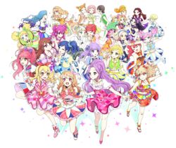  6+girls ^_^ absurdres aikatsu! aikatsu!_(series) amahane_madoka aqua_eyes arisugawa_otome bad_id bad_pixiv_id bare_shoulders black_hair blonde_hair blue_eyes blue_hair blush bow braid brown_eyes brown_hair closed_eyes cone_hair_bun crown_braid daichi_nono double_bun dress drill_hair everyone fingerless_gloves flower frilled_skirt frills fujiwara_miyabi_(aikatsu!) gloves hair_bun hair_flower hair_ornament hair_ribbon hair_scrunchie hairband hairbow hattori_yu high_heels highres hikami_sumire himesato_maria holding_hands hoshimiya_ichigo ichinose_kaede idol jewelry kamiya_shion kanzaki_mizuki kazesawa_sora kiriya_aoi kitaoji_sakura kurebayashi_juri kurisu_kokone kurosawa_rin_(aikatsu!) long_hair midriff minowa_hikari mole mole_under_mouth multicolored_hair multiple_girls natsuki_mikuru navel necklace oerba_yun_fang one_eye_closed open_mouth orange_hair otoshiro_seira ozora_akari perspective pink_hair pose purple_eyes purple_hair red_eyes red_hair ribbon round_teeth saegusa_kii sandals scrunchie shibuki_ran shinjo_hinaki shiontaso shirakaba_risa shoes short_hair short_sleeves side_ponytail silver_hair simple_background skirt sleeveless smile spaghetti_strap sparkle teeth todo_yurika twin_drills twintails white_background 