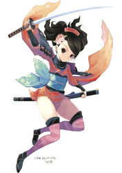  bad_id bad_twitter_id black_hair brown_eyes comb female flower hair_flower hair_ornament inactive_account japanese_clothes katana kimono kiya_shii momohime oboro_muramasa sheath short_kimono solo sword thighhighs weapon 