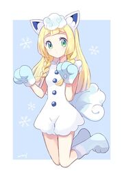  alolan_vulpix alolan_vulpix_(cosplay) animal_ears blonde_hair commentary cosplay fake_animal_ears fake_tail green_eyes lillie_(pokemon) mei_(maysroom) pokemon pokemon_(anime) pokemon_sm_(anime) snowflakes symbol_commentary tail 