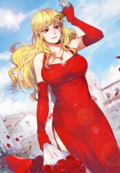  blonde_hair bouquet breasts commentary_request dress earrings elbow_gloves elysion female flower gijang gloves gun jewelry large_breasts long_hair necklace red_dress red_eyes red_gloves rose sleeveless sleeveless_dress solo sound_horizon stella_(sound_horizon) weapon 