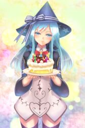  aqua_eyes aqua_hair cake commentary_request fantasy_earth fantasy_earth_zero female food hat highres long_hair ryouku solo sorcerer_(binoche_outfit)_(fantasy_earth_zero) sorcerer_(fantasy_earth_zero) thighhighs witch_hat 