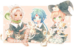  3boys :3 aladdin_(magi) blonde_hair blue_eyes blue_hair blush braid commentary_request dark-skinned_male dark_skin feline green_eyes hat hug jewelry long_hair magi_the_labyrinth_of_magic multiple_boys niwako orange_eyes snake sphintus_carmen titus_alexius witch_hat 