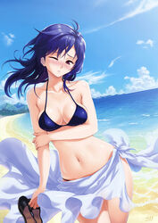  bare_shoulders beach bikini black_footwear blue_sky blush breasts cloud collarbone commentary cowboy_shot day dutch_angle embarrassed english_commentary female half-closed_eye halterneck hand_up highres holding holding_own_arm horizon long_hair looking_at_viewer medium_breasts mountain navel nose_blush ocean one_eye_closed original outdoors photoshop_(medium) purple_bikini purple_hair red_eyes sand sandals sarong see-through shiny_skin shy signature skindentation sky solo standing swimsuit thigh_gap unworn_sandals water white_sarong wolksheep 