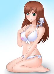  bad_id bad_pixiv_id beargguy_f bikini brown_hair female green_eyes gundam gundam_build_fighters gundam_build_fighters_try kamiki_mirai long_hair robot s.bomb seiza sitting swimsuit 