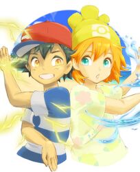  1boy :o back-to-back baseball_cap black_hair blue_eyes brown_eyes commentary cosplay electricity female grin hat kasumi_(pokemon) orange_hair pokemon pokemon_(anime) pokemon_sm pokemon_sm_(anime) popela satoshi_(pokemon) selene_(pokemon) selene_(pokemon)_(cosplay) shirt short_hair smile striped_clothes striped_shirt water 