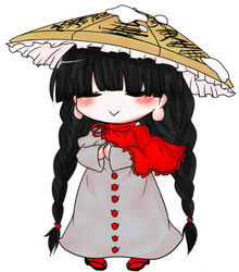  :&gt; =_= ajirogasa black_footwear blush braid brown_hat buttons buuwa capelet chibi closed_eyes closed_mouth clothes_writing commentary_request dress female frilled_capelet frilled_hat frills full_body geta grey_dress hat legs_apart long_hair long_sleeves no_nose own_hands_together pigeon-toed red_capelet red_legwear red_ribbon ribbon simple_background snow solo standing touhou twin_braids very_long_hair white_background wide_sleeves yatadera_narumi 