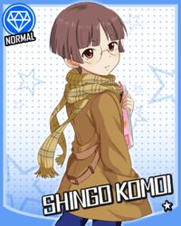  1boy bad_id bad_pixiv_id blush bowl_cut brown_hair card_(medium) card_parody cardfight!!_vanguard character_name cinderella_girls_card_parody coat ei_(sada4628) fringe_trim from_behind glasses idolmaster idolmaster_cinderella_girls komoi_shingo looking_back male_focus parody red_eyes scarf solo 