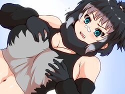  abs bad_id bad_pixiv_id bandaid bandaid_on_face bandaid_on_nose blue_background blue_eyes blush breasts cleavage commentary_request female fur_trim gloves gorilla_(kemono_friends)_(old_design) grabbing_own_breast grey_hair isna_(footprintsofisna) kemono_friends large_breasts navel open_mouth ponytail solo teeth western_lowland_gorilla_(kemono_friends) 