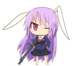  animal_ears barefoot blush chibi commentary_request crescent female full_body gun ladfa long_hair machine_gun necktie one_eye_closed purple_eyes purple_hair rabbit_ears reisen_udongein_inaba skirt smile solo touhou transparent_background weapon 