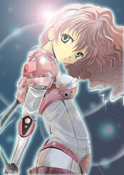  armor backlighting bodysuit breastplate breasts cable commentary_request cowboy_shot crotch_plate expressionless female floating_hair from_side frown green_eyes hair_ornament head_tilt highres kuroneko_koubou lens_flare long_hair original outline pauldrons pink_armor pink_hair shoulder_armor small_breasts solo turtleneck wavy_hair 