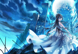  black_hair blue_eyes building dress flowers long_hair moon night original rinko_(mg54) rose 