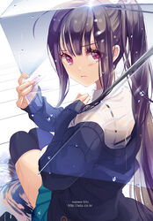  black_hair commentary_request ezu_(leejiyu) female holding in_water long_hair looking_at_viewer original photoshop_(medium) ponytail purple_eyes school_uniform sitting solo transparent transparent_umbrella umbrella wet wet_clothes 