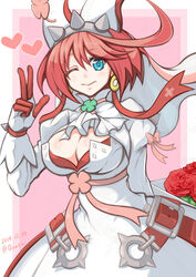  ahoge ascot blue_eyes blush bow bra breasts bridal_veil cleavage clover commentary_request dated dress elphelt_valentine female flower four-leaf_clover gloves guilty_gear guilty_gear_xrd hairband heart huge_ahoge large_breasts long_sleeves one_eye_closed pink_bow pink_hair puffy_long_sleeves puffy_sleeves qontamblue red_bra red_flower red_rose rose short_hair solo spikes twitter_username underwear veil white_dress 