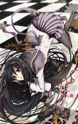  akemi_homura akemi_homura_(magical_girl) argyle_clothes argyle_legwear black_eyes black_hair black_pantyhose boots checkered_floor commentary_request female flower gears hair_ribbon hairband high_heels kmikan long_hair magical_girl mahou_shoujo_madoka_magica mahou_shoujo_madoka_magica_(anime) pantyhose pink_flower pink_rose pleated_skirt purple_eyes ribbon rose shoes skirt solo very_long_hair 