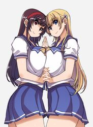  2girls bag blue_eyes breast_press breasts brown_hair cellphone commentary_request hair_ornament hairband highres holding_hands large_breasts long_hair mariana_princilla mil_(xration) multiple_girls phone pleated_skirt reco_love reco_love_gold_beach red_eyes sailor_collar school_uniform serafuku short_sleeves simple_background skirt smile symmetrical_docking white_background yuina_(reco_love) 