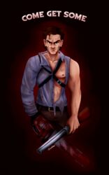  1boy animification ashley_j_williams bad_id bad_pixiv_id blood brown_eyes brown_hair chainsaw english_text evil_dead gun highres injury looking_at_viewer male_focus manly muscular muscular_male scar serious severed_hand severed_limb shotgun signature sockless_(artist) solo torn_clothes weapon 