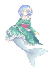  bad_id bad_pixiv_id blue_eyes blue_hair commentary_request drill_hair female fins flower full_body fur_collar green_kimono hair_flower hair_ornament head_fins japanese_clothes kimono mermaid monster_girl obi sash solo touhou wakasagihime wide_sleeves yorica 