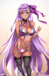  artist_name banned_artist bare_shoulders bb_(fate)_(all) bb_(swimsuit_mooncancer)_(fate) bead_bracelet beads bikini black_legwear bracelet breasts cleavage collarbone dark_skin earrings fate/grand_order fate_(series) gradient gradient_background jewelry long_hair looking_at_viewer multi-strapped_bikini navel purple_eyes purple_hair smile solo sweat swimsuit thighhighs very_long_hair viola_(seed) 