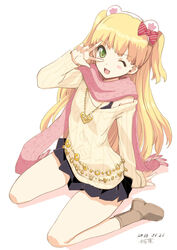  ;d arm_support artist_name bad_id bad_twitter_id blonde_hair boots bow casual dated female full_body hairbow heart idolmaster idolmaster_cinderella_girls inactive_account jewelry jougasaki_rika jpeg_artifacts kiya_shii long_hair necklace oerba_yun_fang one_eye_closed open_mouth scarf simple_background skirt smile solo sweater two_side_up v_over_eye white_background 