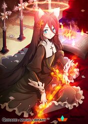  animal_ears black_hair blue_eyes book cat_ears commentary_request ezu_(leejiyu) female fire halo korean_commentary long_hair looking_at_viewer parted_lips qurare_magic_library sitting solo sword uriel_(qurare) weapon 