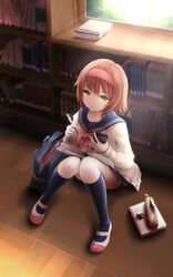  backpack bag book brown_hair commentary_request female from_above full_body green_eyes hairband highres kneehighs kururi_(oekaki_nikki) library official_alternate_costume pen red_hairband rita_mordio rita_mordio_(exchange_student) school_uniform serafuku shoes short_hair sitting skirt socks solo tales_of_(series) tales_of_vesperia uwabaki white_footwear 