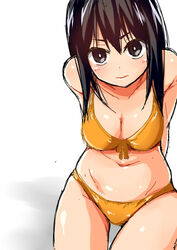  bikini black_eyes black_hair breasts cleavage commentary_request female highres long_hair medium_breasts morino_harifu original photoshop_(medium) solo swimsuit 