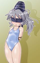  arms_behind_back blindfold box_tie breasts commentary_request covered_navel female gradient_background grey_hair hat mononobe_no_futo one-piece_swimsuit ponytail restrained small_breasts solo swimsuit tate_eboshi touhou white_one-piece_swimsuit winn 