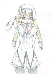  akemi_homura akemi_homura_(magical_girl) arm_behind_back blush color_trace colored_pencil_(medium) commentary_request female glasses kiraboshi_(star_driver) long_hair mahou_shoujo_madoka_magica mahou_shoujo_madoka_magica_(anime) pantyhose photoshop_(medium) production_art red-framed_eyewear sey shy solo standing star_driver traditional_media v_over_eye 