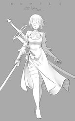  2017 2b_(nier:automata) absurdres blindfold bow breasts cleavage cleavage_cutout clothing_cutout commentary_request covered_eyes dress female full_body grey_background greyscale headdress high_heels highres lenny_face lulu-chan92 medium_breasts monochrome nier:automata nier_(series) puffy_sleeves signature solo sword sword_behind_back weapon 